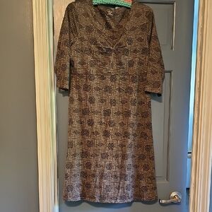 Toad&Co Black Brown Patterned Dress ECO Women Large Stretch Earth Mid 3/4